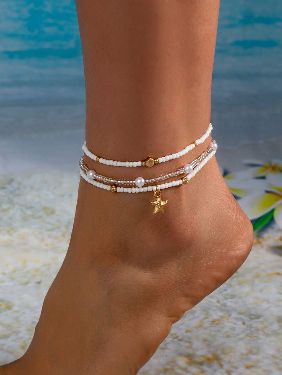3pcs Bohemian Style Metal Starfish & Faux Pearl Beaded Anklet Set For Women - White - View 1
