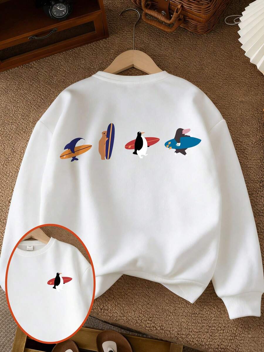 Tween Boy Cartoon Graphic Drop Shoulder Sweatshirt - White - View 1