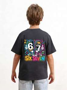 Young Boy Casual Graphic Print Crew Neck Short Sleeve T-Shirt, Summer Top - Dark Grey - View 2