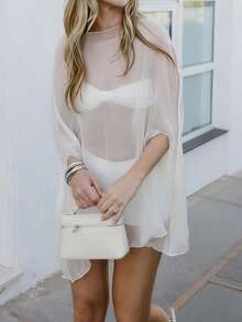 Blusa Poncho Mujer Transparente Cuello Barco Suelta con Bajo Irregular Ligera Cover Up Playa Vacaciones Verano - Blanco - Ver 5