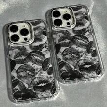 1pc Black Lip Print Pattern Full Coverage Metal Frame Phone 17 16 15 14 13 12 11 Pro X XS XR 8 Plus, Full Coverage, Lip Print, Pattern Design, Statement Phone Accessory, Durable Metal Frame, ,17 Pro Shockproof With Anti-Slip Grip - 1pc - 查看 5