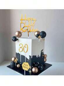 44pcs Bohemian Style Black & Gold Foam Ball Cake Decorations, Faux Palm Leaf Folding Fan, Gold Number 0-9, Happy Birthday Cake Toppers, Baptism Wedding Anniversary Bachelor Party Retirement Party Men's Black & Gold Theme Birthday Cake Decor (Please Use With Sticks) - Multicolor - View 3
