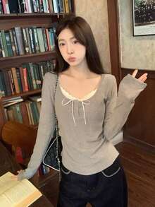 Lace Patchwork Long Sleeve T-Shirt, Sweet Undershirt - Grey - View 8