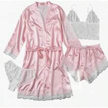 European And American Cross-Border Trade Women's Pajamas Four-Piece Set Plus Size Nightgown Camisole Set Outerwear Homewear Hot  In Stock - Màu đỏ rượu vang - Xem 7