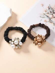 مجموعة من 2 قطعة أربطة شعر نسائية مزينة بالخرز الاصطناعي والراين ستون، أربطة شعر حلزونية عصرية، حاملات ذيل حصان غير ضارة، إكسسوارات شعر متعددة الاستخدامات بتصميم بسيط، أربطة مطاطية للشعر - متعدد الألوان - مشاهدة 2