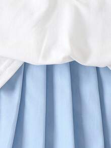 2件套女童校园运动爱心刺绣无袖Polo领上衣和百褶裙套装，夏季 - 淺藍色 - 查看 6