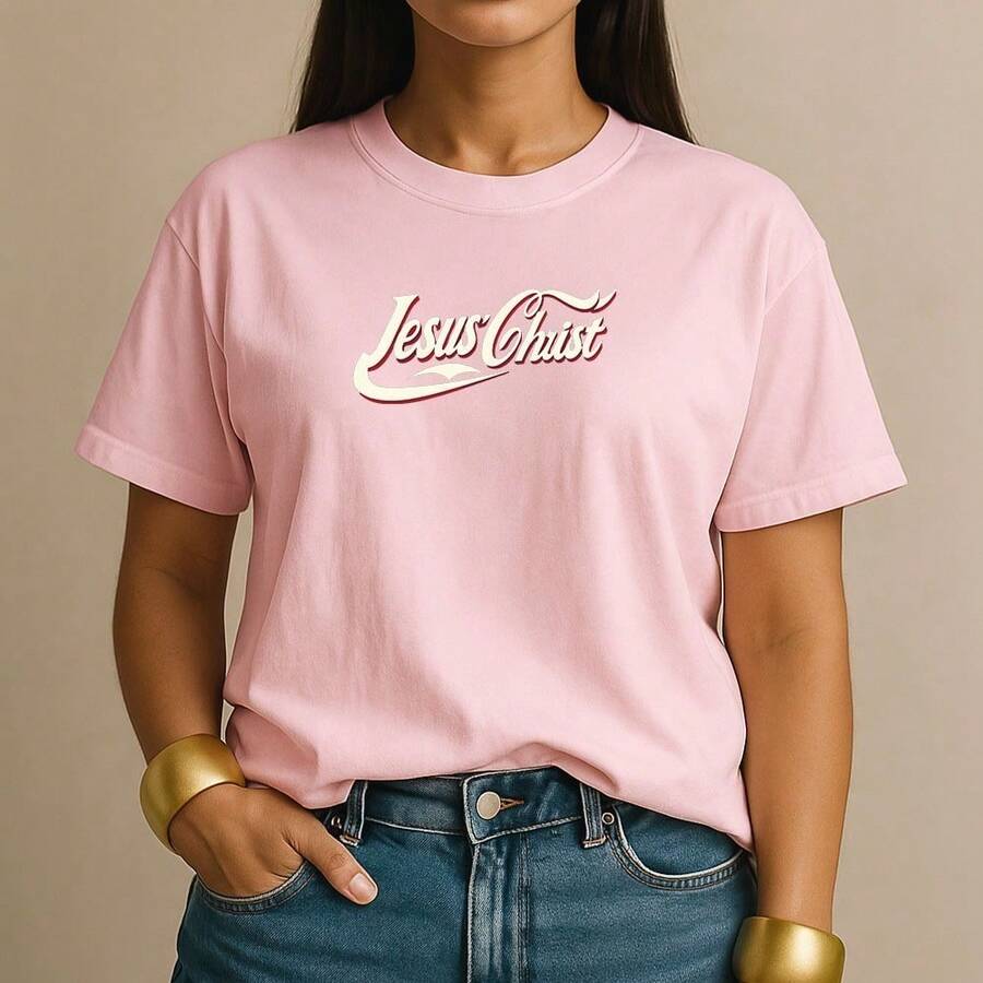Women's T-Shirt 100% Cotton Jesus Christ Casual Christian Shirt Retro Style For Everyday Fashion - 玫瑰紅 - 查看 1