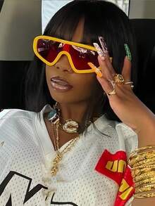 1pc Oversized European & American Style Fashion Shield Fashion Glasses, Personalized Glasses For Outdoor, Travel, Driving, Beach Outfit Accessory - Yellow - View 6