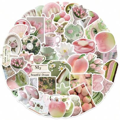 50张水彩贴纸，日记贴纸，可爱粉彩贴纸，花朵贴纸，防水乙烯基贴纸，适用于水瓶、电脑、笔记本电脑、手机、行李箱、笔记本、冰箱等。