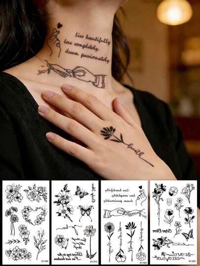 Black Romantic Floral Butterfly Daisy Wreath Hand-In-Hand Temporary Tattoo Stickers, Suitable For DIY, Anime Conventions, Carnivals, Music Festivals, Valentine's Day, Party Gifts, Waterproof Realistic Tattoo Stickers For Wrist, Ankle, Shoulder, Neck, Collarbone, Body Skin