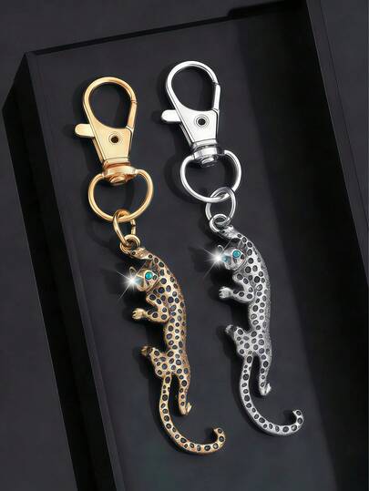 1pc Fashionable Silver/Gold Tone Rhinestone Leopard Print Keychain, Car/Bag Charm Pendant, Metal Creative Accessory, Vintage European & American Style Minimalist Leopard Shaped Keychain Pendant Decoration, Suitable For Car Keys, Bags, Holiday Gifts