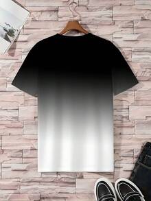 两件套加大码男士街头风黑灰白渐变扎染手写“King”图案T恤+休闲短裤套装，小众高端宽松舒适加大码日常夏季穿搭 - 黑與白 - 查看 3