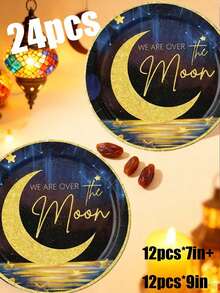 Bộ 12/24/48 món đồ dùng ăn uống dùng một lần, khay giấy dùng một lần chủ đề Eid Mubarak với họa tiết tia chớp, khay giấy 7 inch, khay giấy 9 inch, khay đựng thức ăn, khay tiệc, thích hợp cho các lễ hội Hồi giáo, bữa tối, tiệc chiêu đãi và các buổi tụ họp. - Nhiều màu - Xem 11