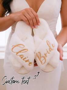 Customized Bride Slippers, Fluffy Bridesmaid Slippers, Personalized Bride Slippers, Party Gifts, Customized Plush Slippers, Customized Bride Slippers, Spa Party Slippers, Bridesmaid Plush Slippers, Plush Slippers, Personalized Bride Slippers - Multicolor - View 3