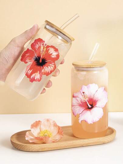 1pc Hibiscus Pattern Heat-Resistant Glass Cup With Lid And Straw, Reusable Multipurpose Glass Cup For Milk, Cold Drinks, Bubble Tea, Coffee, Juice, Suitable As Birthday, Valentine's Day Gift