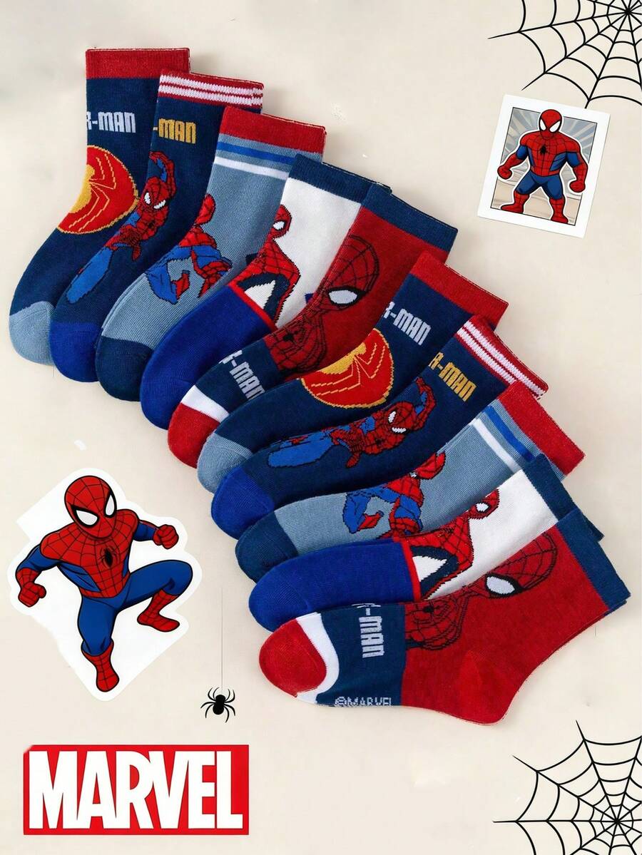 Marvel 1/5/10双装漫威蜘蛛侠儿童袜子，超级英雄图案，透气柔软，男女童均适用，适合日常穿着/派对礼物/复活节/春季/夏季 - 彩色 - 查看 1