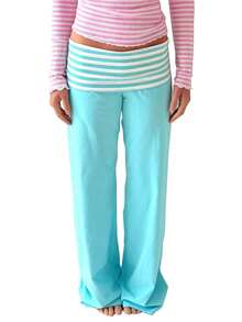 Women Low Waist Loose Fit Striped Folds Over Wide Leg Pants Lounge Home Sweatpants - Màu xanh lam - Xem 6