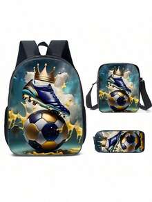 Three Pieces Football Pattern Backpack 15-Inch, Lightweight Outdoor Leisure Backpack For Back To School, Three Pieces Combination School Bag, Crossbody Bag - Football Three Piece Suit - View 1