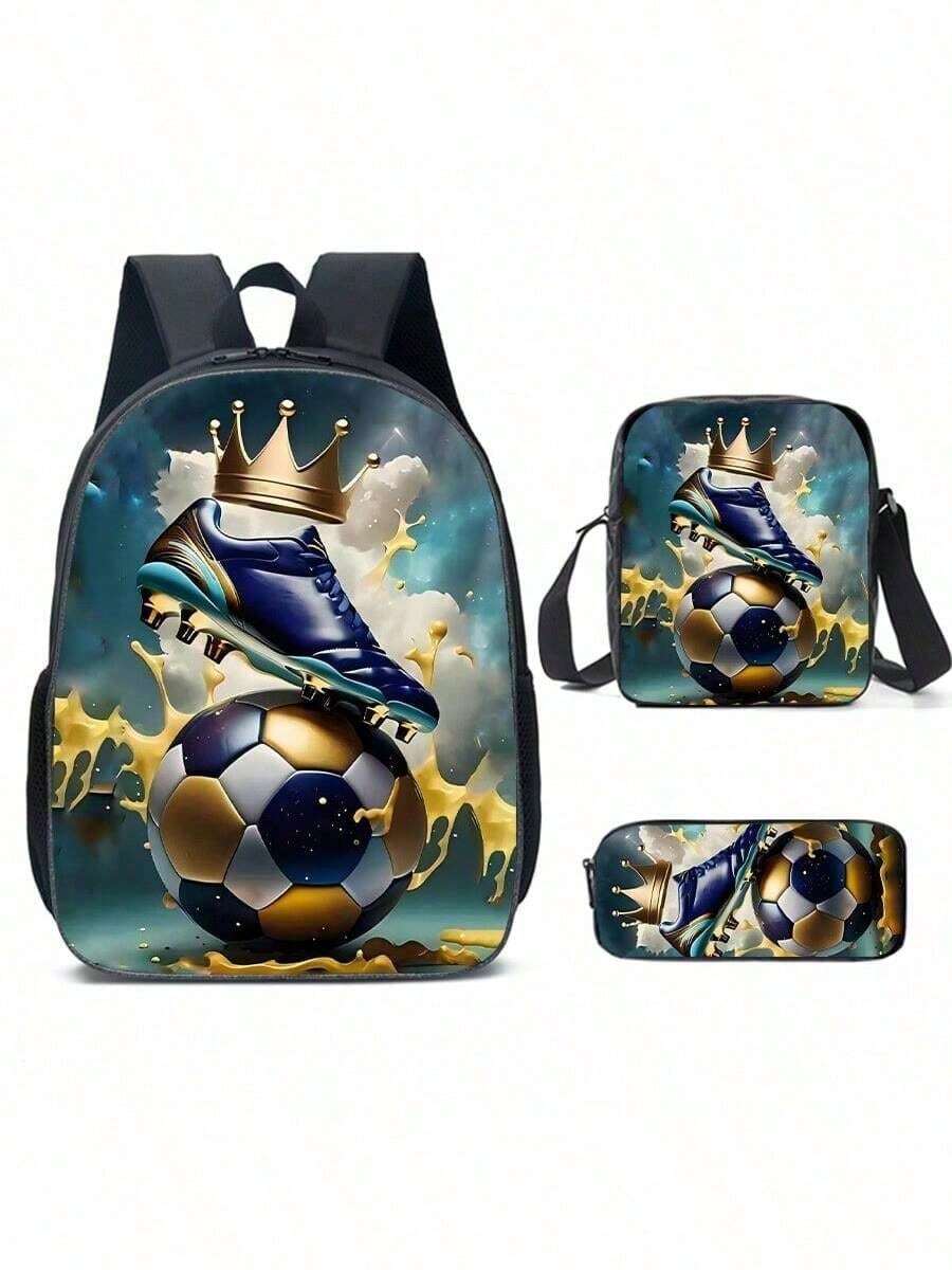 Three Pieces Football Pattern Backpack 15-Inch, Lightweight Outdoor Leisure Backpack For Back To School, Three Pieces Combination School Bag, Crossbody Bag - Football Three Piece Suit - View 1