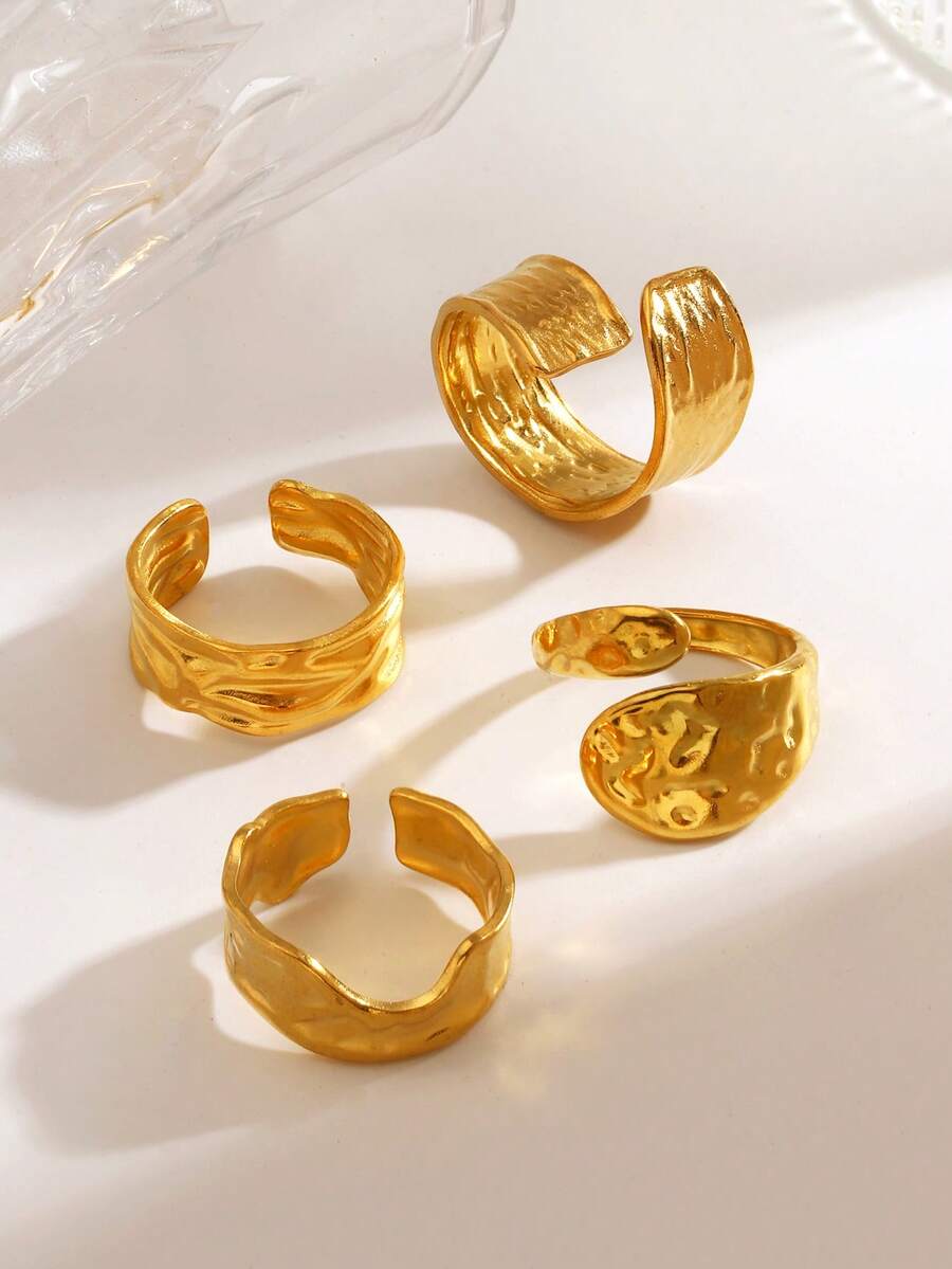 4pcs/Set Stainless Steel 18K Gold Plated Asymmetrical Geometric Open Ring Set, Suitable For Women Daily & Party Wear - Yellow Gold - View 1