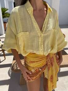 Women's Casual Street Style Simple Light Yellow Shirt, Spring/Summer - Yellow - View 2