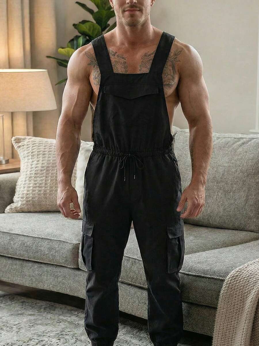 INCERUN Mens Summer Sleeveless Stappy Solid Rompers Long Jumpsuits Casual Cargo Pants Overalls - Black - View 1