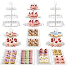 Hetorosu 12Pcs Dessert Table Display Set, Cupcake Stand, 3-Tier Cup Cake Tower Stands & 2-Tiered Cake Holder, Treat Food Platters Serving Trays For Cookie, Candy, Tea Party, Birthday, Plastic - White - View 11