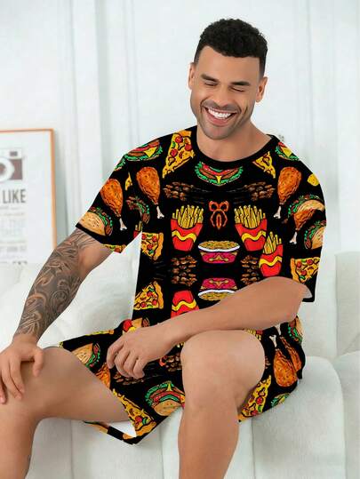 Plus Size Men's Pajama Set | Round Neck Short Sleeve Top And Elastic Waist Casual Shorts, 2 Piece Set | Polyester Knit Fabric, Skin-Friendly Breathable Loose Fit And Comfortable | Funny Hamburger, Fries, Chicken Leg Print Casual Design