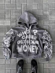 Letter-Print Foam Print Zip-Up Hoodie, Drawstring Design, Y2K, Streetwear  Casual  Cute    Polyester    Zipper  Drawstring  Rib-Knit    Daily    Four Seasons - Xám - Xem 1