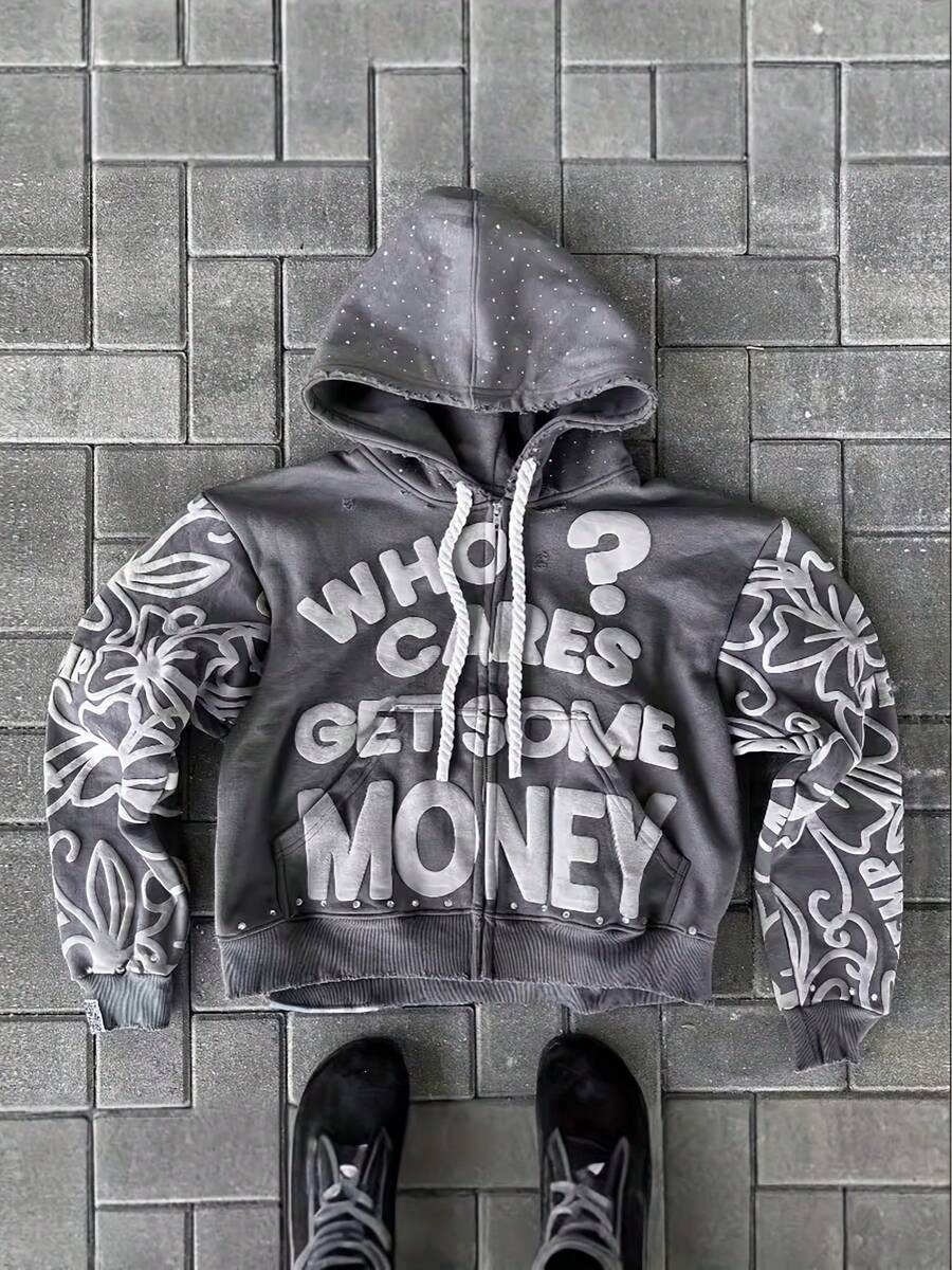 Letter-Print Foam Print Zip-Up Hoodie, Drawstring Design, Y2K, Streetwear  Casual  Cute    Polyester    Zipper  Drawstring  Rib-Knit    Daily    Four Seasons - Xám - Xem 1