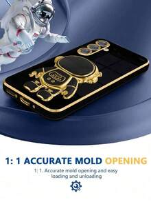 1pc Straight Edge Millennium Style Cute Astronaut Sliding Bracket Design Phone Case Compatible With Apple 16 Pro Max, Galaxy S24 Ultra, Edge 30, Infinix Smart 8, Infinix Hot 40i, Transsion Spark 20, Transsion Spark 20C, Transsion Spark Go 2024, Redmi Note 13 Pro+, Honor X8 - Black - View 4