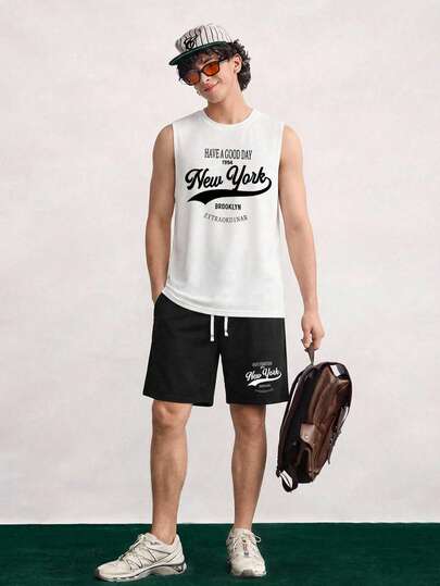 Open Phase 男士夏季纽约字母印花休闲圆领上衣两件套，适合户外运动，春夏季送礼佳品