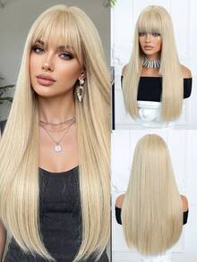 26 Inch Golden Long Straight Wig With Bangs, Synthetic Woven Natural Layered Hair, Suitable For Women's Daily Wear, Parties, Dates And Cosplay - Gold - View 12