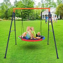 Columpio Platillo Exterior para Niños 45 Pulgadas con Bastidor Metálico, Juego de Columpio Platillo 440lbs Resistente con Bastidor en Forma de A y Cuerdas Regulables | Columpio Redondo de 1 Asiento para Patio, Zona de Juegos y Parque - Azul - Ver 6