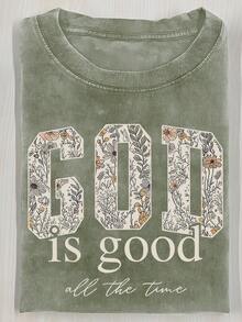 2026 Washed Cotton, GOD Floral Printed T-Shirt, High-Quality Batik Cotton Retro Fashion Brand T-Shirt, Women's T-Shirt, Women's Autumn T-Shirt, Halloween Christmas Gift, Holiday Gift, White Tops, Valentine's Day Outfit, Mardi Gras, Summer Tops,   For Women, Valentine's Day Outfits For Women, Women's Tops, Fairycore, , Elegant Women's Outfits - 寶藍色 - 查看 6