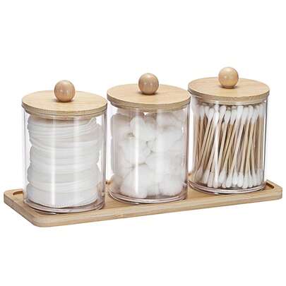 Bộ 3 món đựng khăn lau và bông tẩy trang bằng acrylic có nắp tre - Hộp đựng tăm bông và bông tẩy trang bằng nhựa trong suốt kèm khay tre.