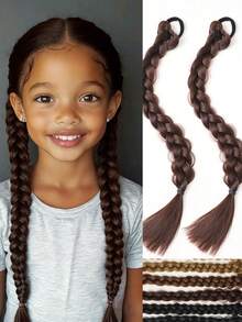 Chic Brown & Black & Gold Double Twist Braid Ponytail Extension - Synthetic Hair For Kids, Perfect For Daily Wear & Parties 2pcs - Multicolor - View 6