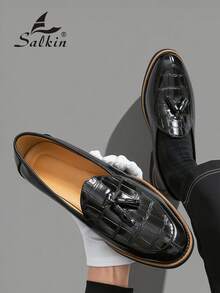 Salkin Classic Retro Men's Slip-On Loafers With Tassels, Elegant Gentleman's Leather Shoes With Luxurious And Soft Comfortable Feel, Suitable For Casual, Business, Formal Occasions Like School, Graduation, Office, Party, Wedding. Please Order One Size Up As The Sizing Runs Small, Suitable For Spring, Summer, Autumn Formal/Business Formal - Tassel Plaid Loafers - View 6