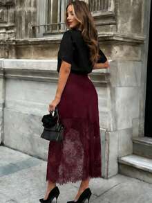 Falda de mujer elegante de unicolor con parches de encaje, primavera - Burdeos - Ver 2
