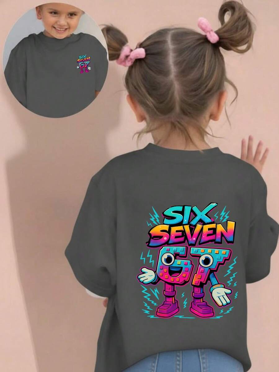 Young Girl Casual Graphic Print Crew Neck Short Sleeve T-Shirt, Summer Top - Dark Grey - View 1