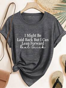ELYSIAN WEAR 180G Women's T-Shirt Casual Loose Fit Round Neck Short Sleeve Graphic Print I Might Be Laid Back But I Can Lean Forward Real Quick Funny Quote Top For Everyday Wear Comfortable Soft Cotton Blend Suitable For Women Who Love Humor And Relaxed Style - 灰色 - 查看 1