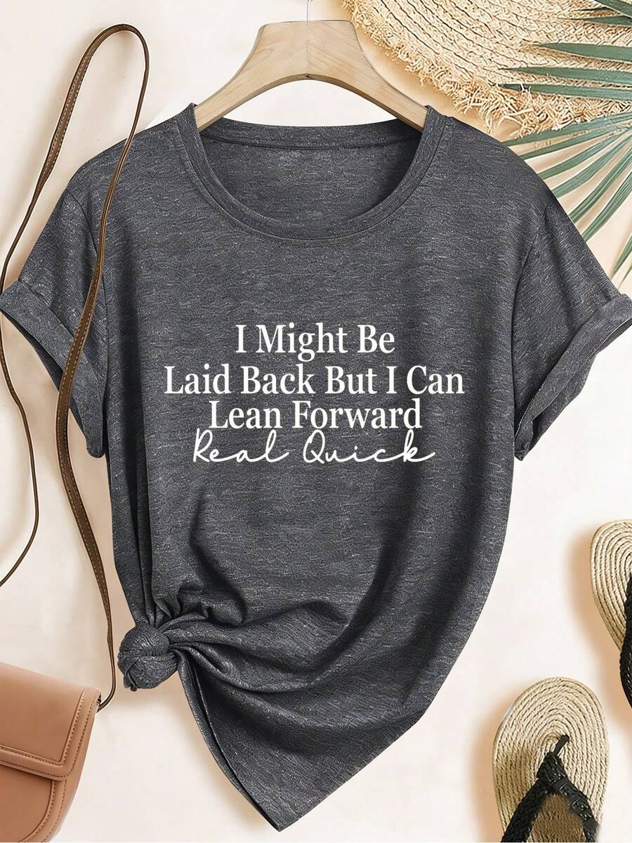 ELYSIAN WEAR 180G Women's T-Shirt Casual Loose Fit Round Neck Short Sleeve Graphic Print I Might Be Laid Back But I Can Lean Forward Real Quick Funny Quote Top For Everyday Wear Comfortable Soft Cotton Blend Suitable For Women Who Love Humor And Relaxed Style - 灰色 - 查看 1