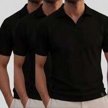 Kit Of 3 Textured Italian Polo Shirts Without Buttons, Slim Sleeves. - Black, Black and Black - View 8