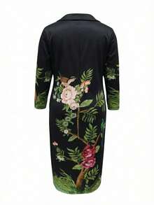 Plus Size Women Tree Print Pocketed Casual Dress, Suitable For Spring And Autumn Black - Black - View 4