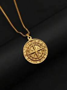 1pc 18K Gold Plated Stainless Steel Viking Compass Pendant Necklace, Metal Coin Badge Stylish Versatile Cross Chain For Men - Yellow Gold - View 3