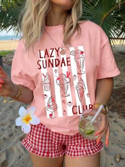 Set de 2 piezas de top y shorts con estampado gráfico para adolescentes, camiseta suave con shorts a cuadros rojos, adecuado para uso casual en primavera/verano