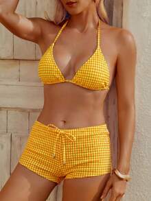 wohenmeili Bộ bikini buộc dây cổ kiểu Bohemian, bikini co giãn cao cấp, áo bơi tam giác buộc dây và quần lọt khe nhún bèo buộc dây bên hông dành cho nữ, đồ đi biển, đồ bơi nữ chất liệu kẻ caro đặc biệt cho kỳ nghỉ hè. - Lưới màu cam - Xem 2