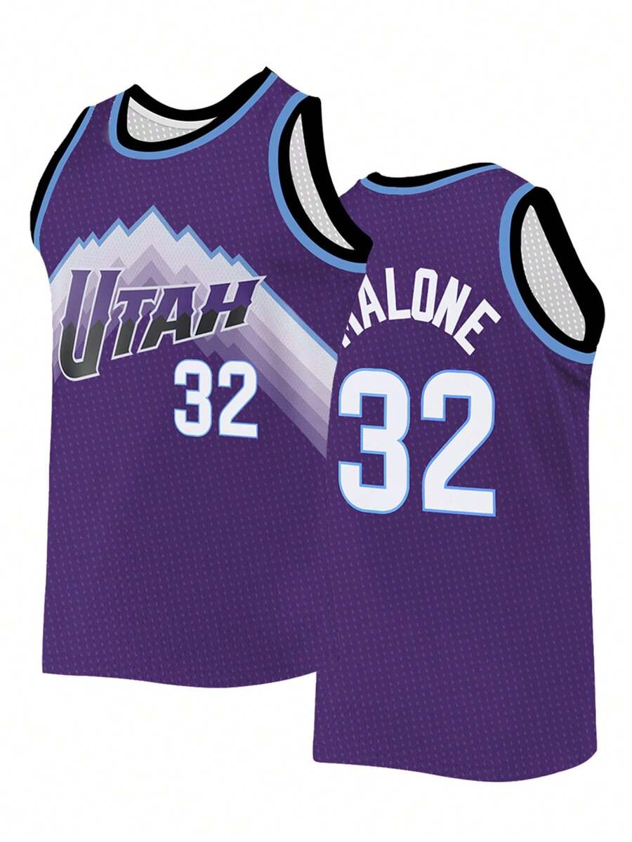 男士刺绣篮球服 32 紫色休闲无袖背心 V 领 T 恤 派对运动上衣 - 紫色 - 查看 1