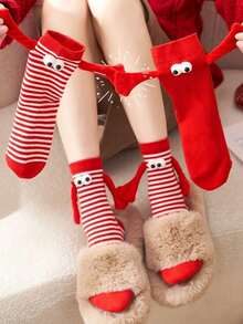 1 Pair Cute Red Women's Socks With Spring/Summer Cartoon, Socks That Can Hold Hands, Magnetic Hand Holding New Year's Mid Tube Socks - Multicolor - View 1