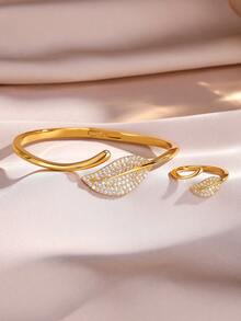2pcs Shiny Elegant Leaf & Star Women Bracelet & Ring Set, Suitable For Banquet Party And Evening Gown Occasions - Leaf - View 5